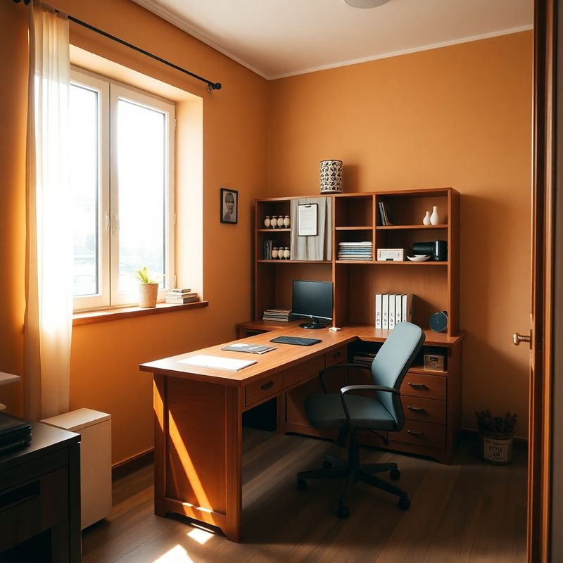 Interior de birou cu masă din lemn și pereți în culori calde, lumină naturală