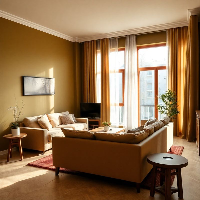Sufragerie de apartament renovată în tonuri de olive, cu pardoseală nisipie
