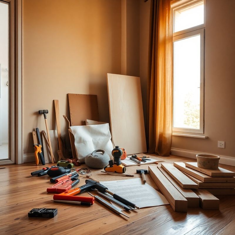 Unelte și materiale de renovare aranjate pe o pardoseală de lemn într-un apartament brașovean